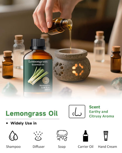 Pure Lemongrass Essential Oil - 3.38 Fl Oz | Aromatherapy & Skin Care by Mumianhua