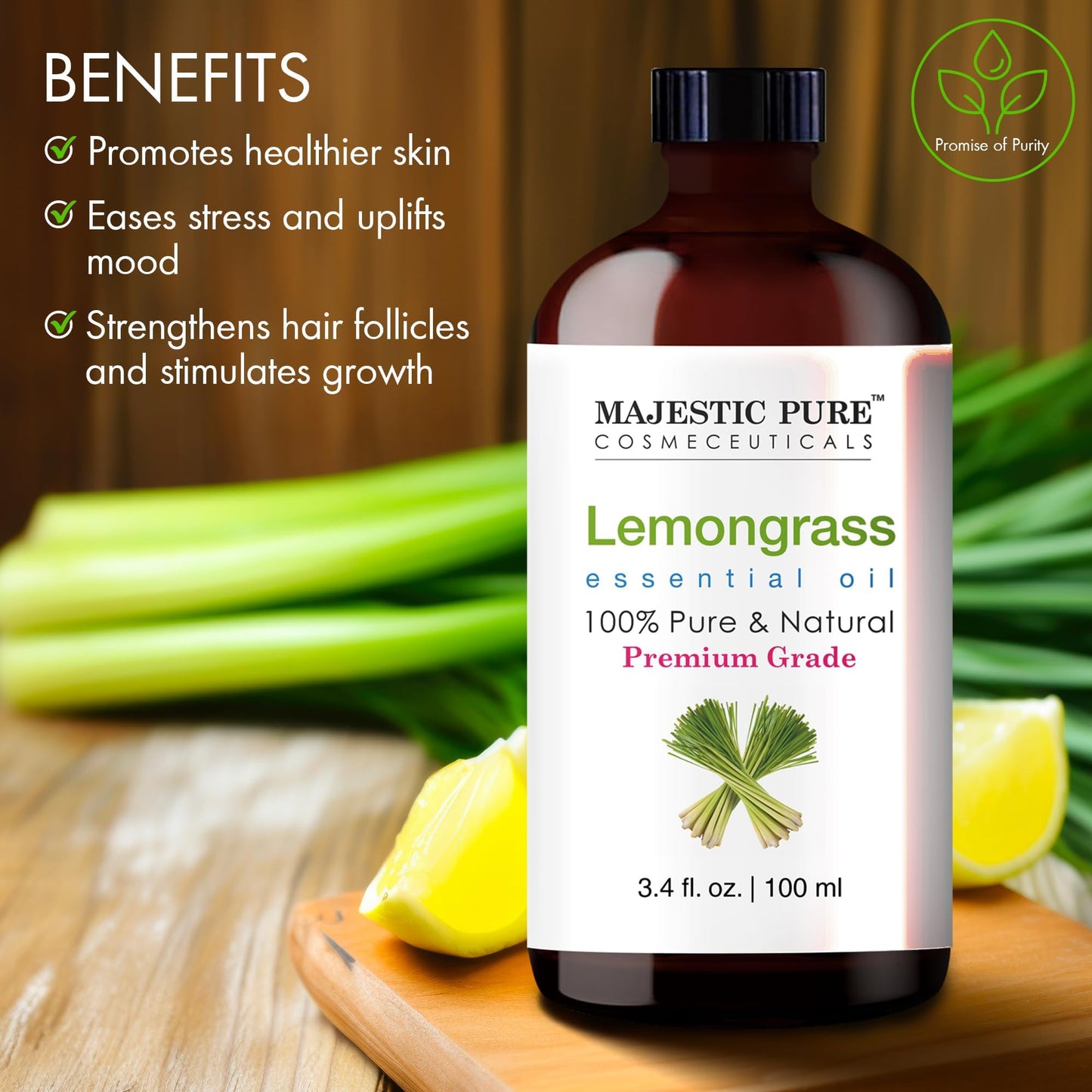 Majestic Pure Lemongrass Essential Oil - 100% Pure & Natural, 3.4 Fl Oz, Dropper Bottle