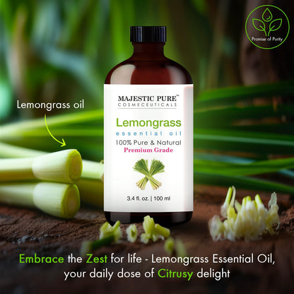 Majestic Pure Lemongrass Essential Oil - 100% Pure & Natural, 3.4 Fl Oz, Dropper Bottle