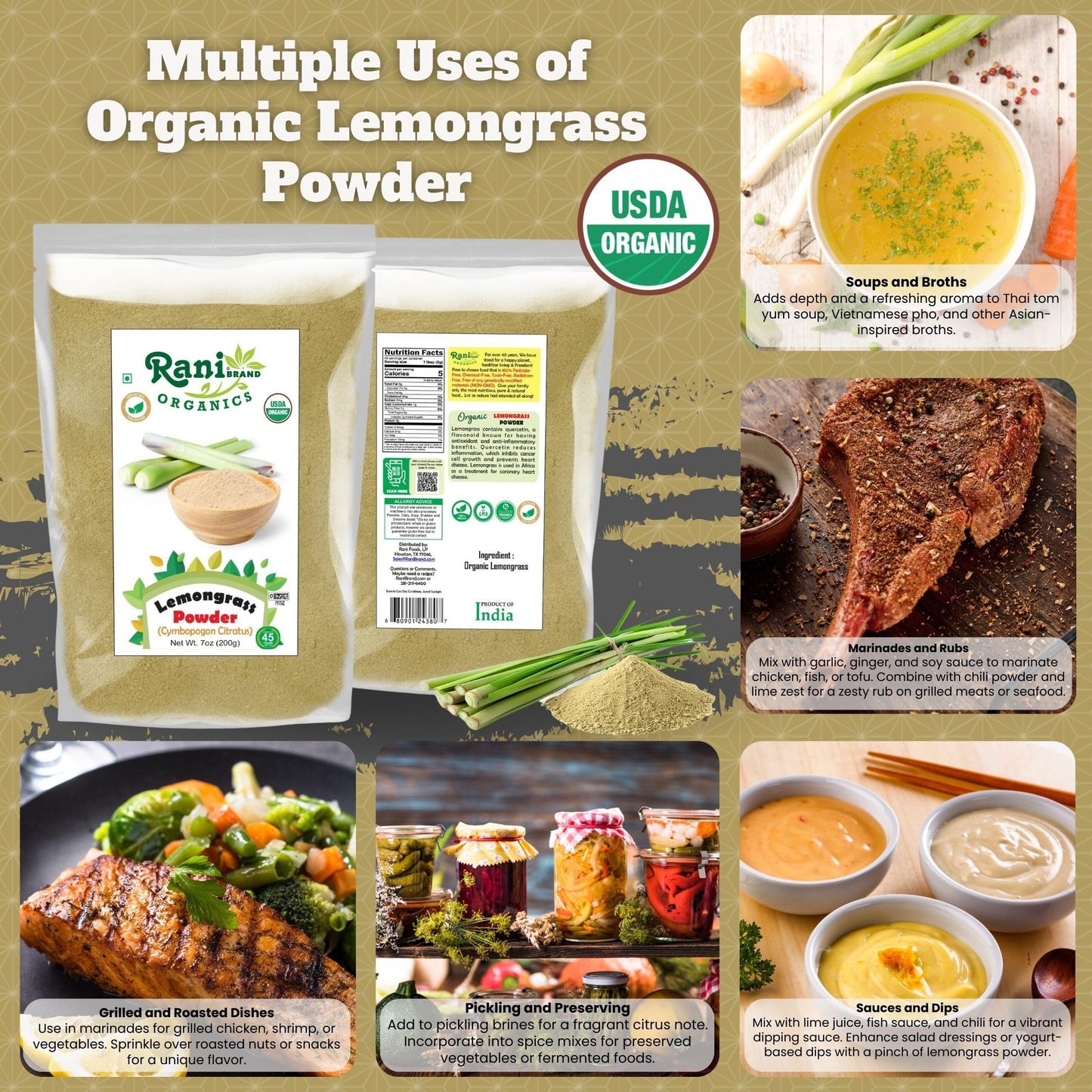 Rani Organic Lemongrass Powder (7oz/200g) – USDA Organic, Kosher, Gluten Free