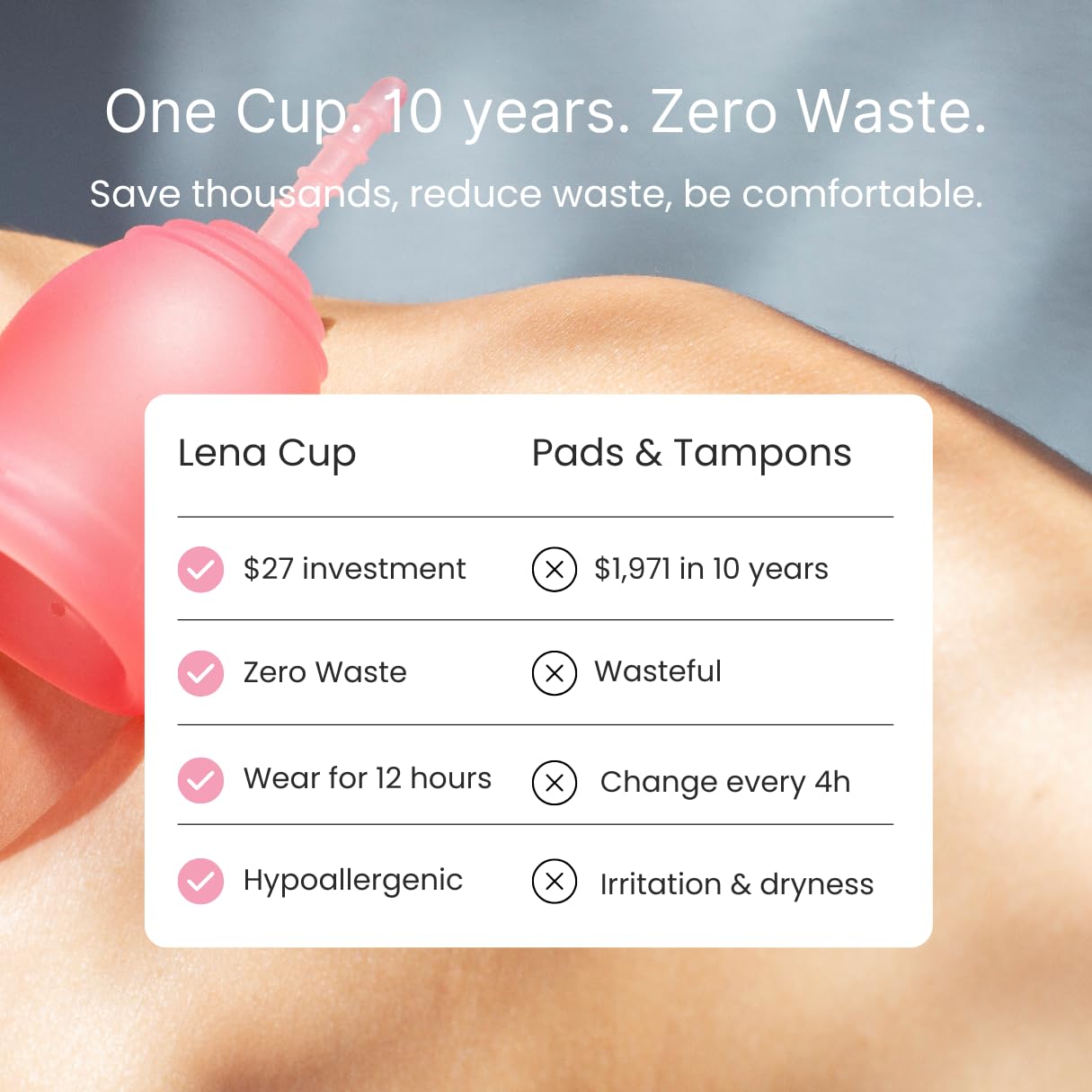 LENA Menstrual Cup Original Large Pink – Heavy Flow, 12-Hour Leak-Free Reusable Silicone