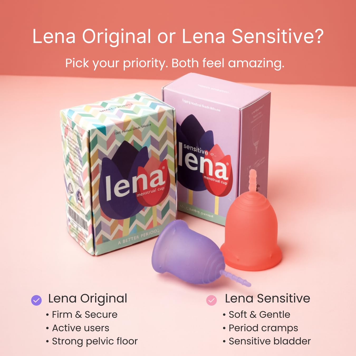 LENA Menstrual Cup Original Large Pink – Heavy Flow, 12-Hour Leak-Free Reusable Silicone