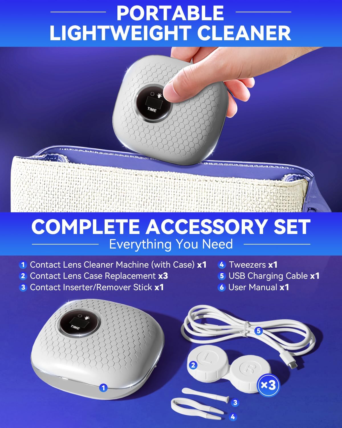 2025 Upgraded Ultrasonic Contact Lens Cleaner – 50KHz German Motor, Intelligent Chip, 3 Smart Modes, 99% Brightness, Portable Grey