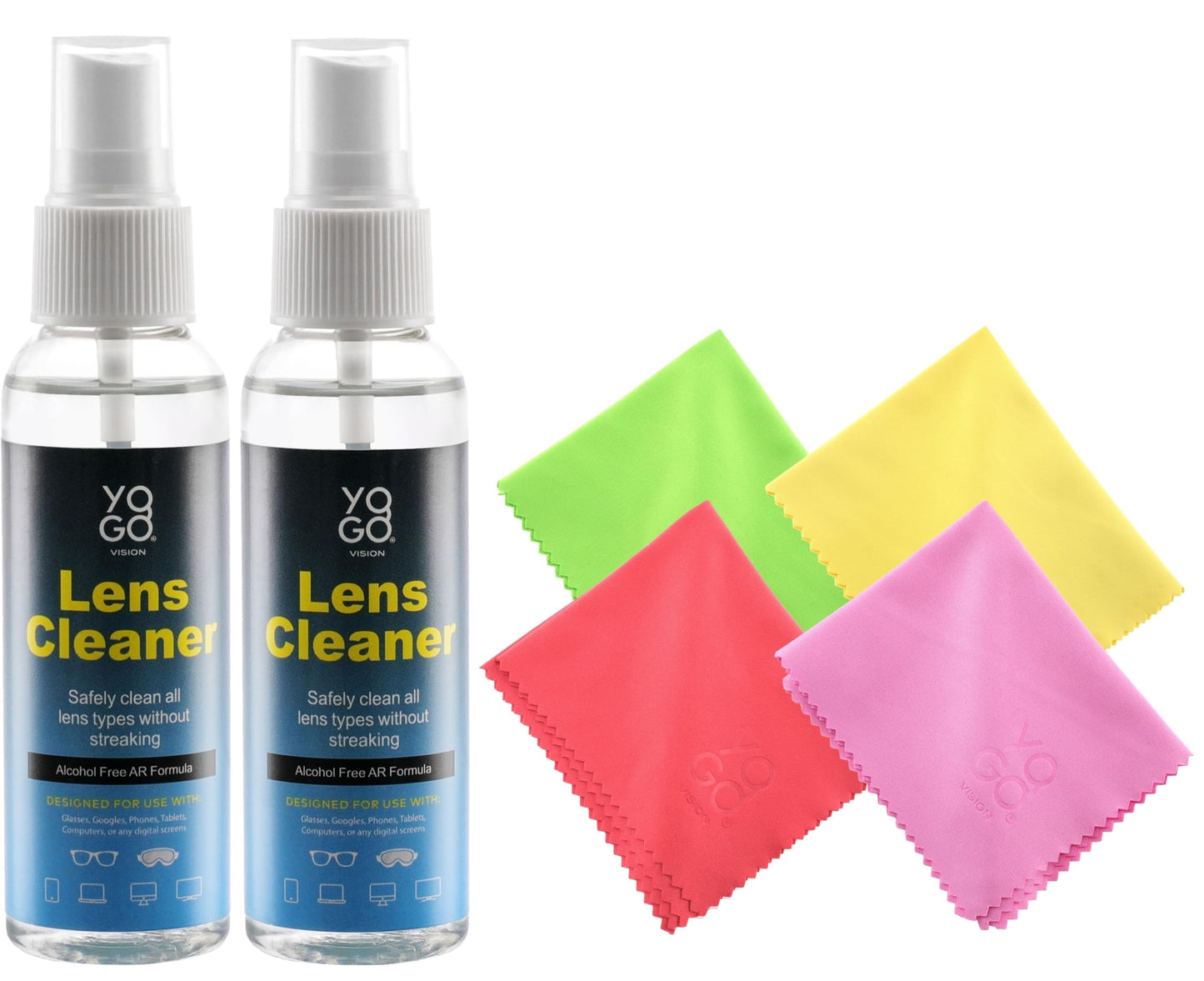 Lens Cleaner Spray Kit – 2 Eyeglass Bottles + 4 Microfiber Cloths | Streak-Free, Safe for Eyewear & Electronics