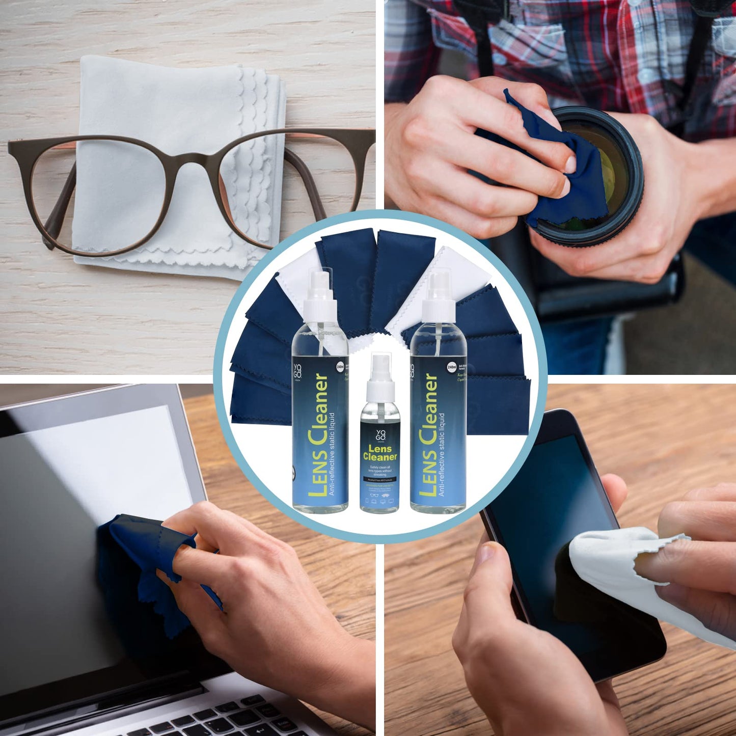 Lens Cleaner Spray Kit – 2 Eyeglass Bottles + 4 Microfiber Cloths | Streak-Free, Safe for Eyewear & Electronics