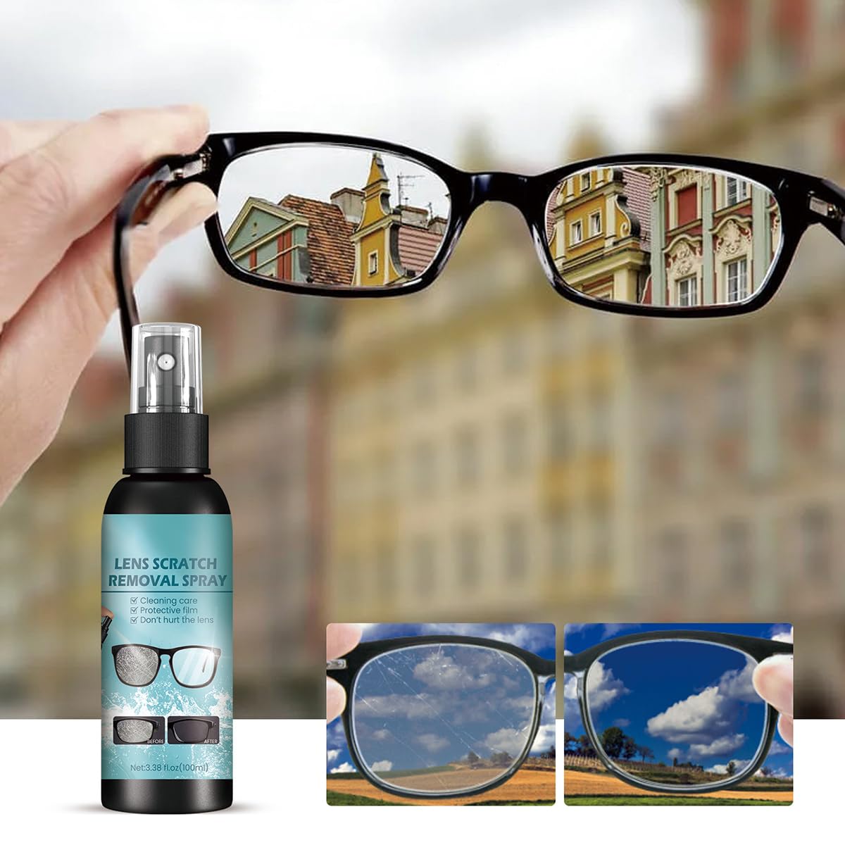 Lens Scratch Removal Spray – 2x100ml | Eyeglass Cleaner for Glasses, Sunglasses, Camera Lenses, Screens