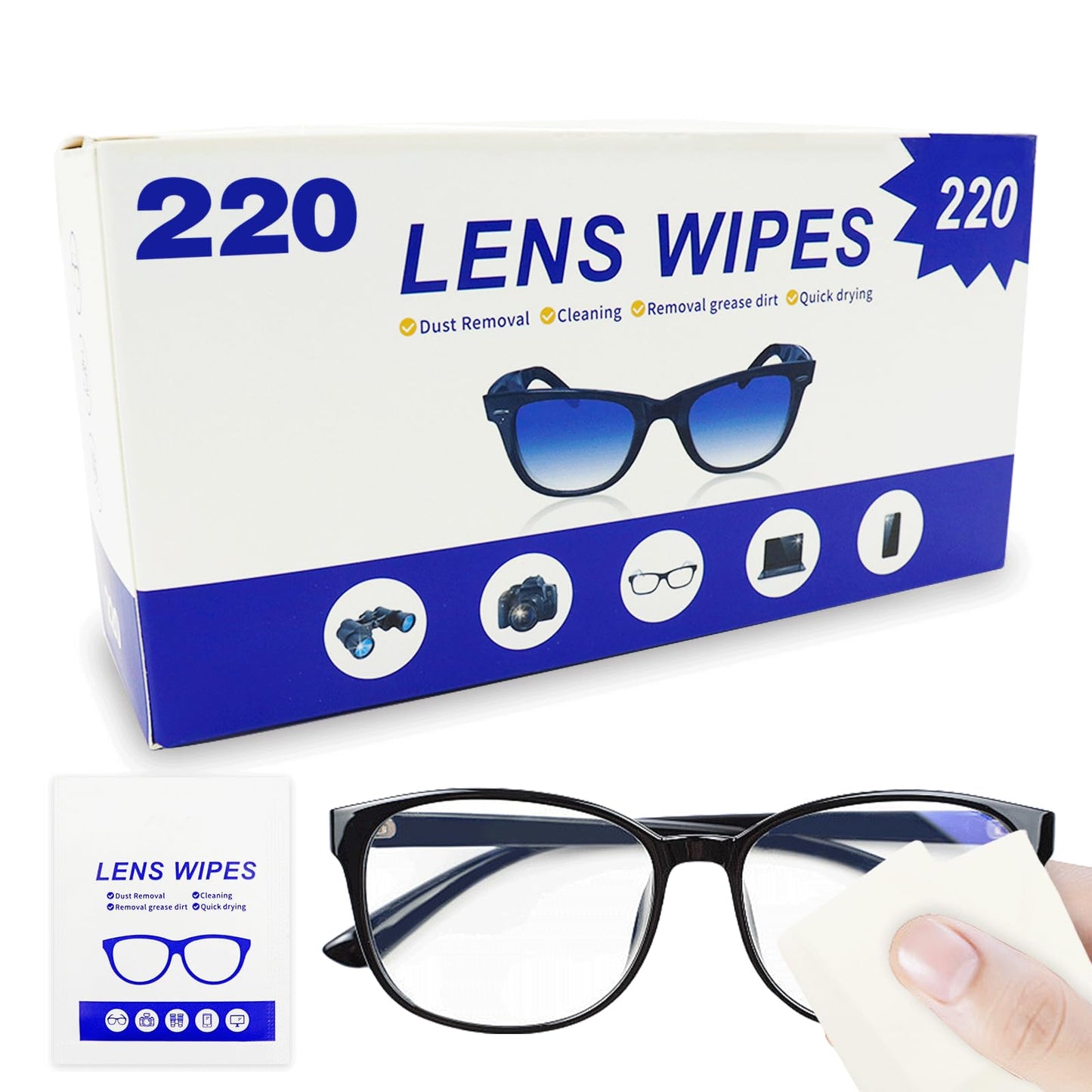 Lens Wipes 220pcs – Individually Wrapped Pre-Moistened Wipes for Eyeglasses, Phone Screens & Cameras