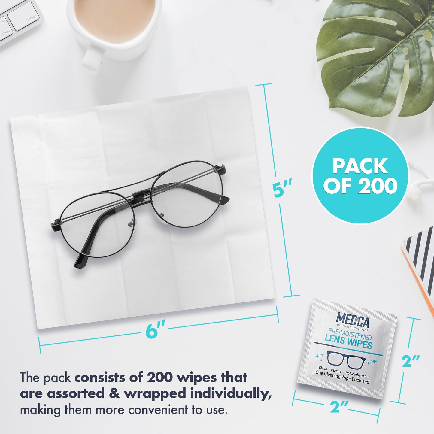 Premoistened Lens Cleaning Wipes - Pack of 200 | Quick Drying, Streak-Free | MEDca