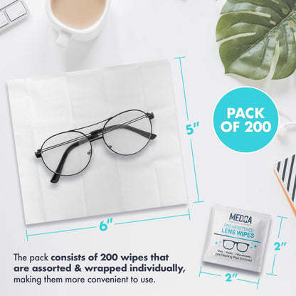 Premoistened Lens Cleaning Wipes - Pack of 200 | Quick Drying, Streak-Free | MEDca