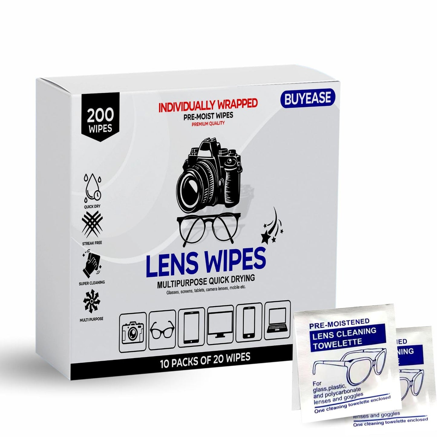 Cleaning Wipes Multipurpose Lens Wipes Pack of 200 – Glasses, Cameras & Screens Cleaner