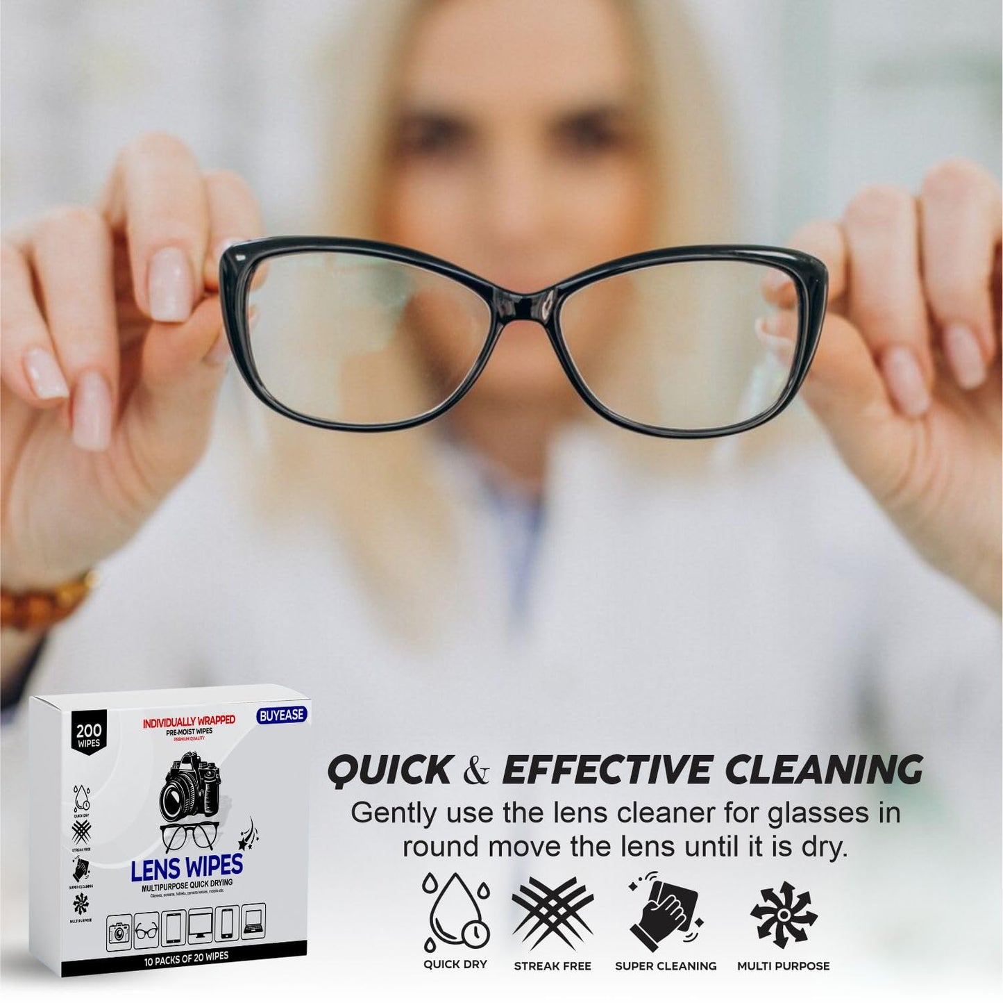 Cleaning Wipes Multipurpose Lens Wipes Pack of 200 – Glasses, Cameras & Screens Cleaner
