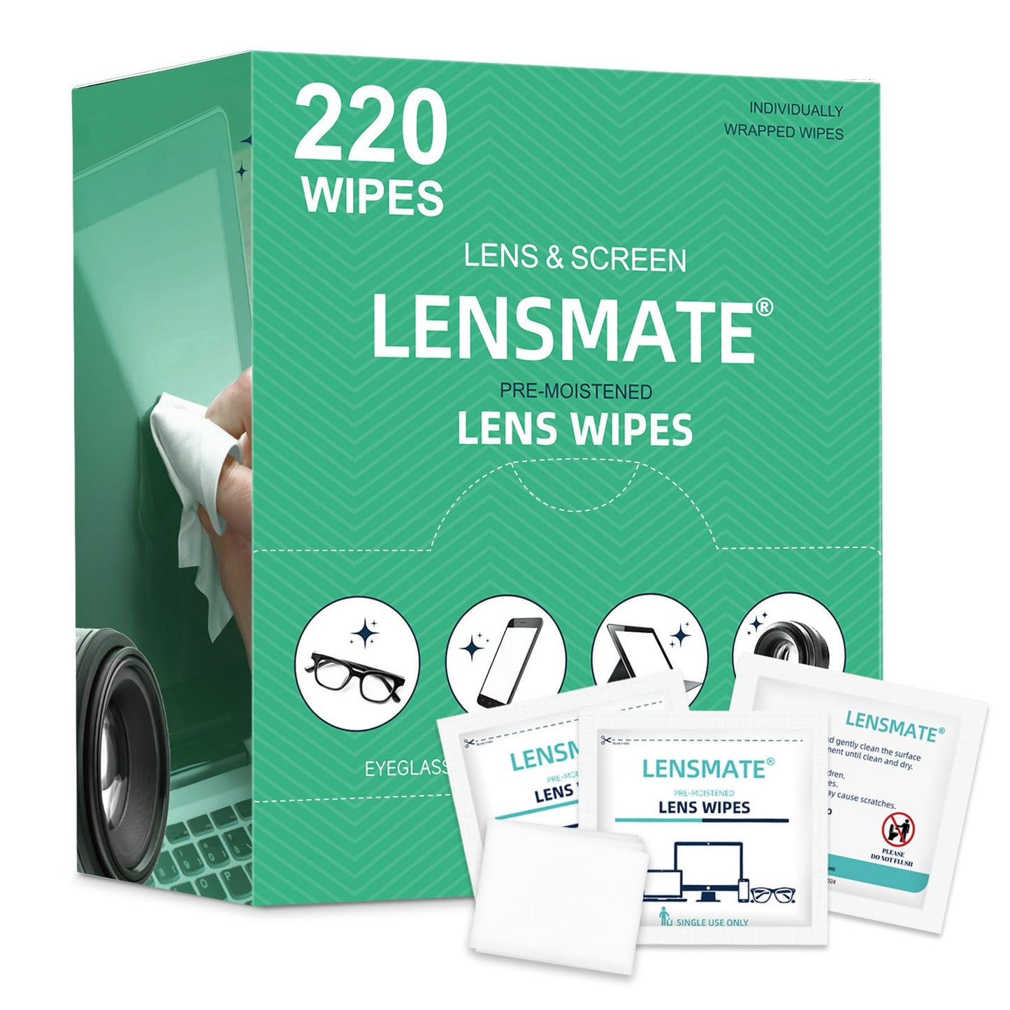 Lensmate 220 Count Lens Wipes – Pre-Moistened & Individually Wrapped Eyeglass Cleaning Wipes