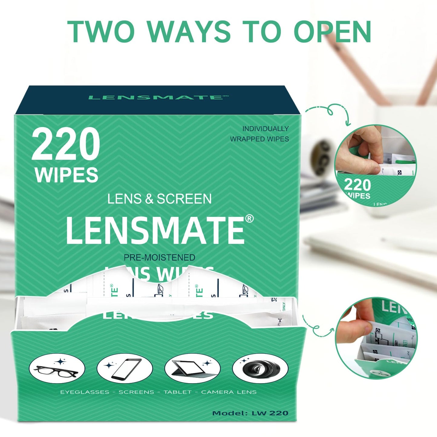 Lensmate 220 Count Lens Wipes – Pre-Moistened & Individually Wrapped Eyeglass Cleaning Wipes