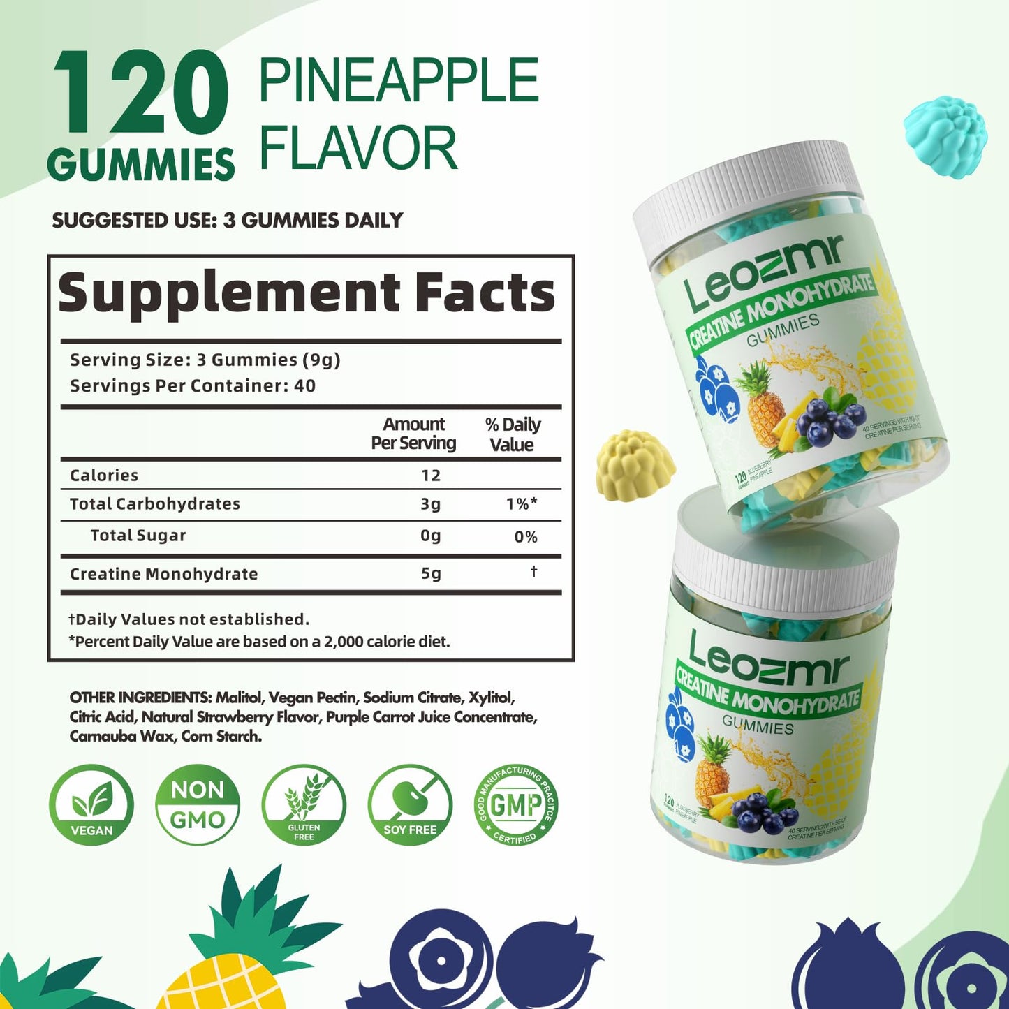 Leozmr Creatine Monohydrate Gummies 5g per Serving – 120 Count, Blueberry Pineapple | Vegan, Sugar-Free