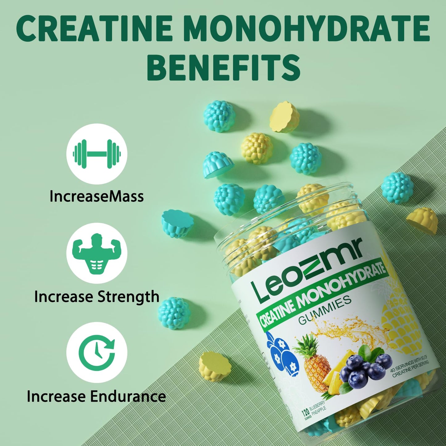 Leozmr Creatine Monohydrate Gummies 5g per Serving – 120 Count, Blueberry Pineapple | Vegan, Sugar-Free