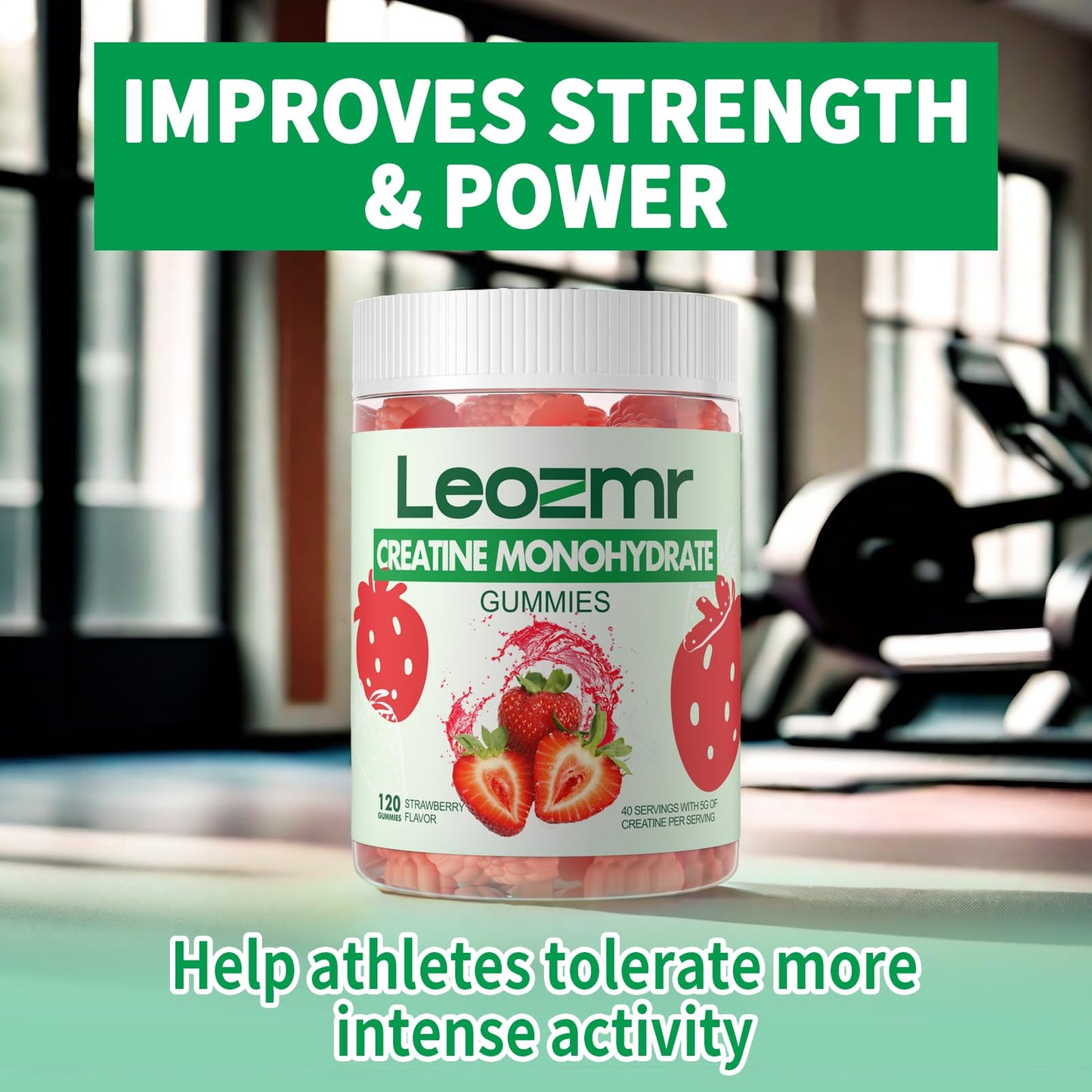 Leozmr Creatine Monohydrate Gummies – 5000mg per Serving (3 Gummies) Strawberry, 120 Count | Vegan & Sugar-Free