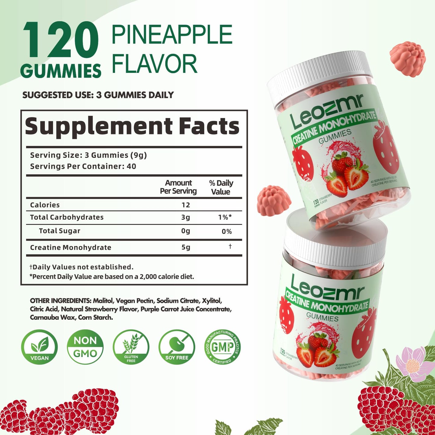 Leozmr Creatine Monohydrate Gummies – 5000mg per Serving (3 Gummies) Strawberry, 120 Count | Vegan & Sugar-Free