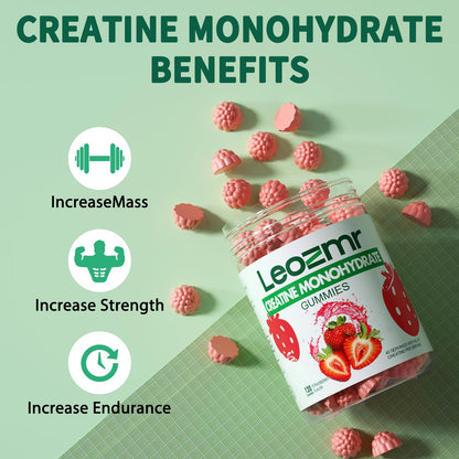 Leozmr Creatine Monohydrate Gummies – 5000mg per Serving (3 Gummies) Strawberry, 120 Count | Vegan & Sugar-Free