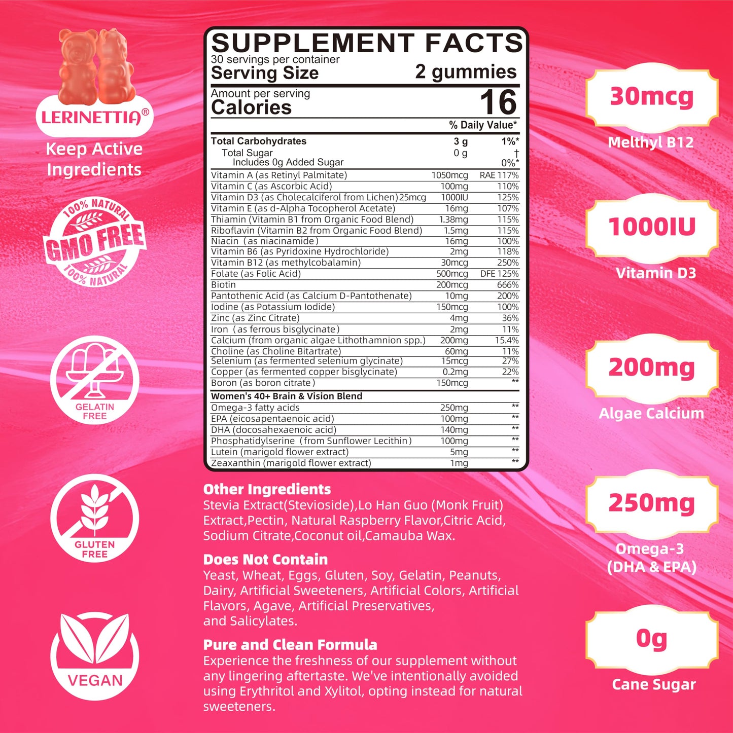 Lerinettia Multivitamin for Women Gummies 40+ with Omega-3, Iron, D3 – Vegan, Sugar Free, 60 Count