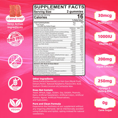 Lerinettia Multivitamin for Women Gummies 40+ with Omega-3, Iron, D3 – Vegan, Sugar Free, 60 Count
