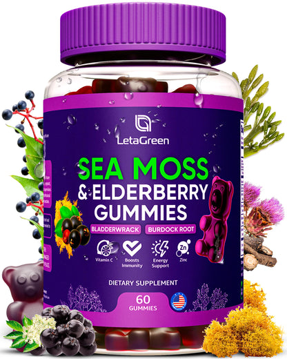 LetaGreen Irish Sea Moss Gummies – Multimineral with Bladderwrack & Elderberry (60 Vegan Gummies)