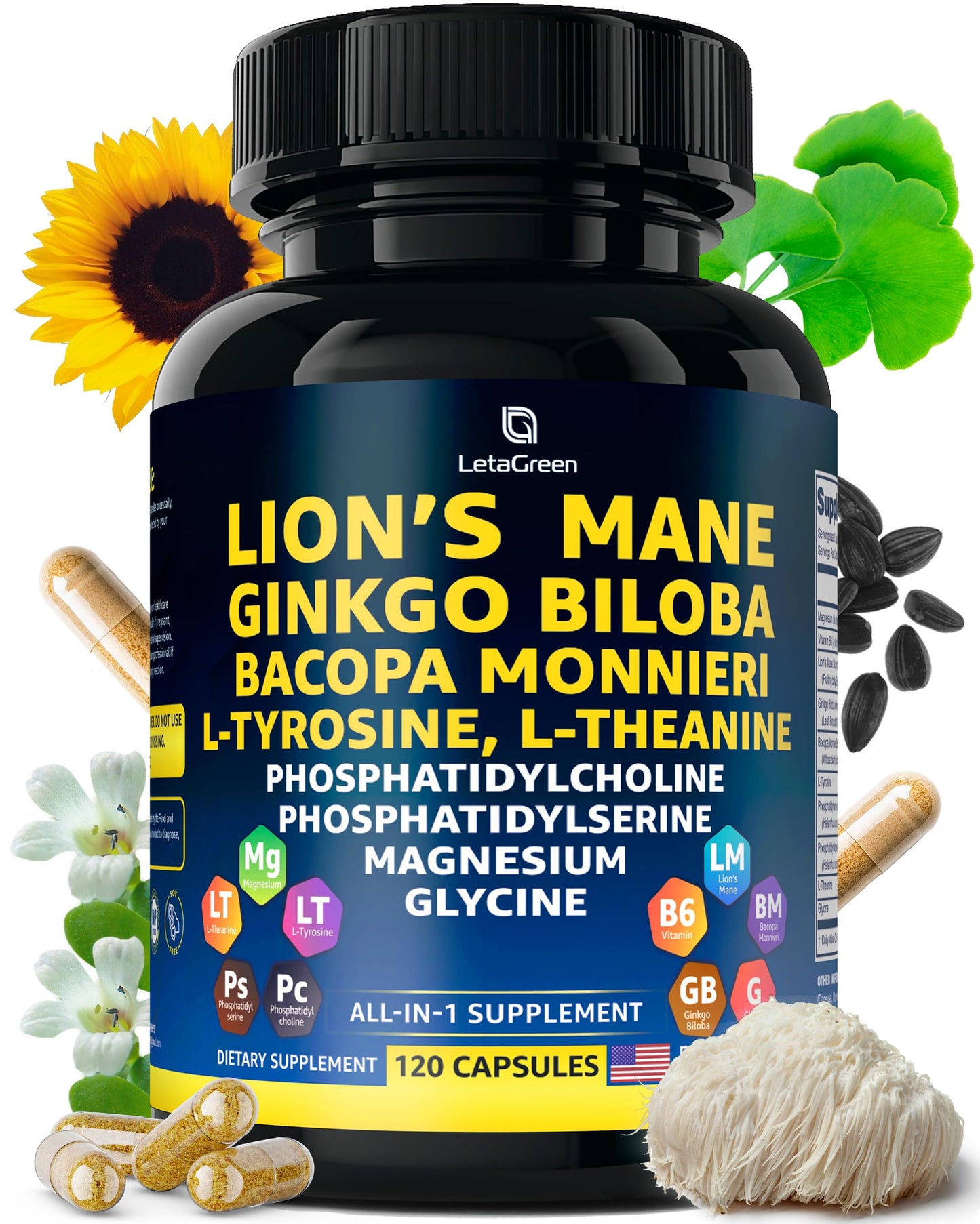 LetaGreen Organic Lion's Mane Capsules – 120 Real Mushrooms with Ginkgo Biloba, Bacopa Monnieri, L-Theanine & L-Tyrosine for Daily Wellness