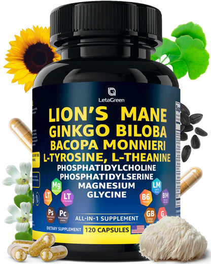 LetaGreen Organic Lion's Mane Capsules – 120 Real Mushrooms with Ginkgo Biloba, Bacopa Monnieri, L-Theanine & L-Tyrosine for Daily Wellness