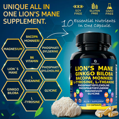 LetaGreen Organic Lion's Mane Capsules – 120 Real Mushrooms with Ginkgo Biloba, Bacopa Monnieri, L-Theanine & L-Tyrosine for Daily Wellness