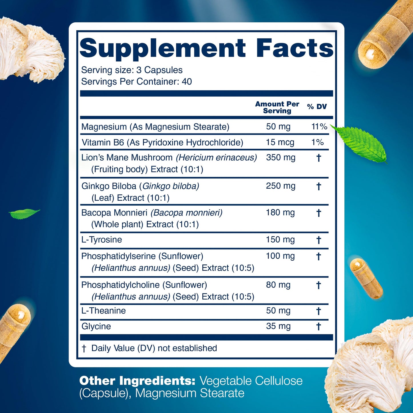 LetaGreen Organic Lion's Mane Capsules – 120 Real Mushrooms with Ginkgo Biloba, Bacopa Monnieri, L-Theanine & L-Tyrosine for Daily Wellness