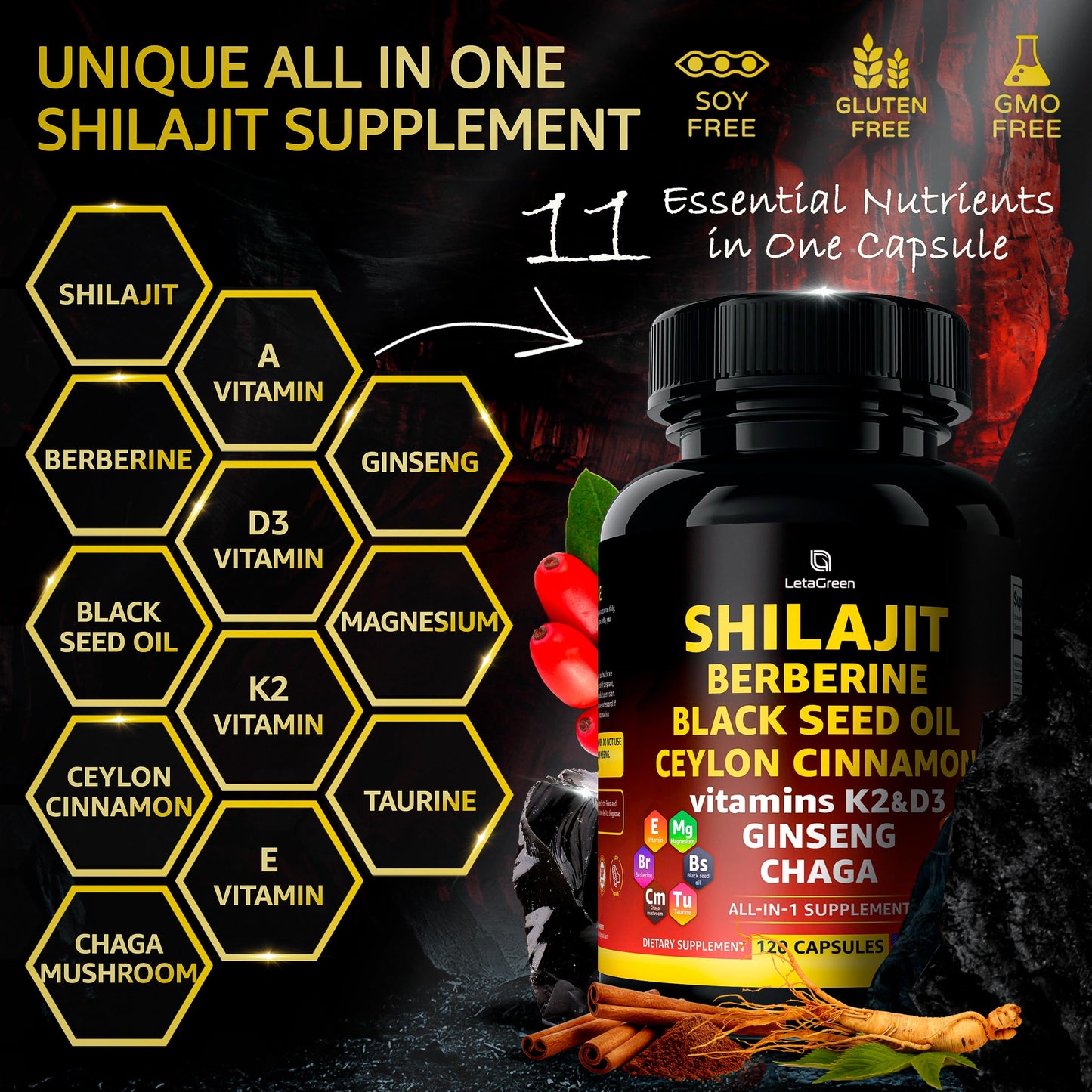 LetaGreen Organic Himalayan Shilajit Capsules – All-in-1 Fulvic Acid (120 Count)