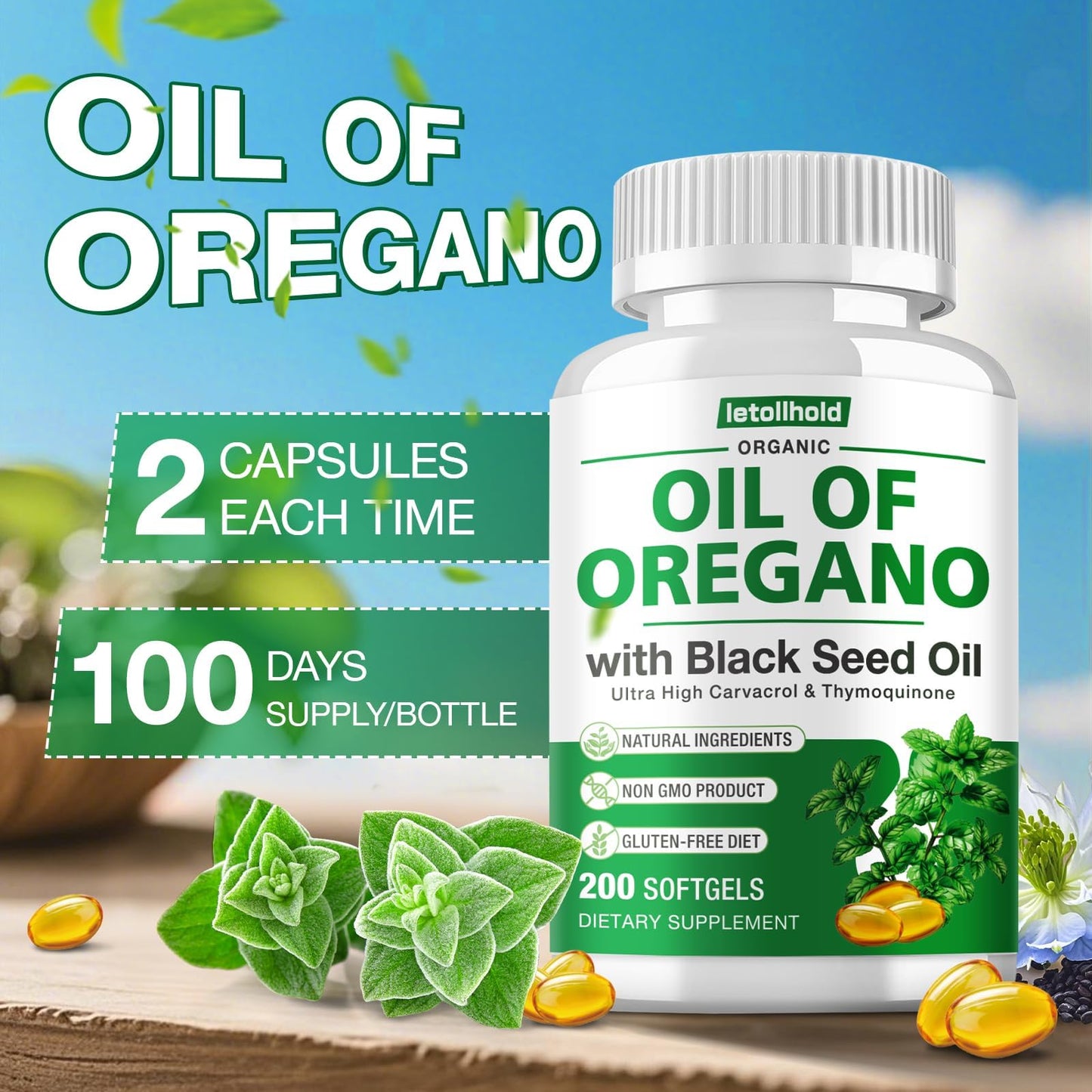 Letollhold Oil of Oregano with Black Seed Oil Softgels – 400 Count, Organic, High Carvacrol, Immune & Antioxidant Support