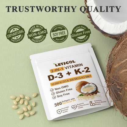 LETSCOL 2-in-1 Vitamin D3 K2 Softgel – 10000 IU D3 & 200 mcg K2 MK7 for Immune, Heart, Joint & Bone Health