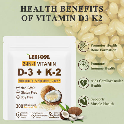 LETSCOL 2-in-1 Vitamin D3 K2 Softgel – 10000 IU D3 & 200 mcg K2 MK7 for Immune, Heart, Joint & Bone Health