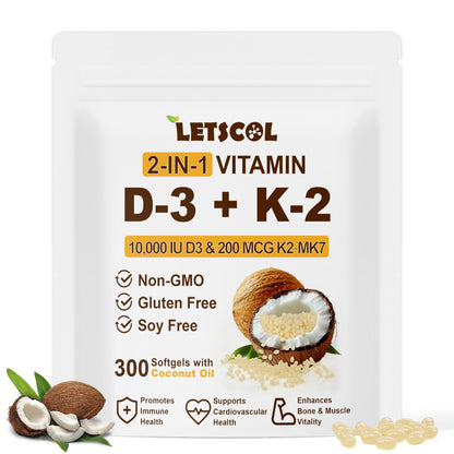 LETSCOL 2-in-1 Vitamin D3 K2 Softgel – 10000 IU D3 & 200 mcg K2 MK7 for Immune, Heart, Joint & Bone Health