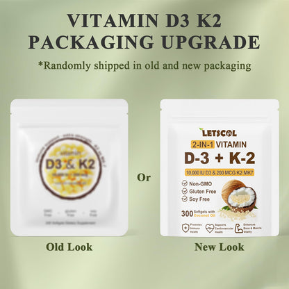 LETSCOL 2-in-1 Vitamin D3 K2 Softgel – 10000 IU D3 & 200 mcg K2 MK7 for Immune, Heart, Joint & Bone Health