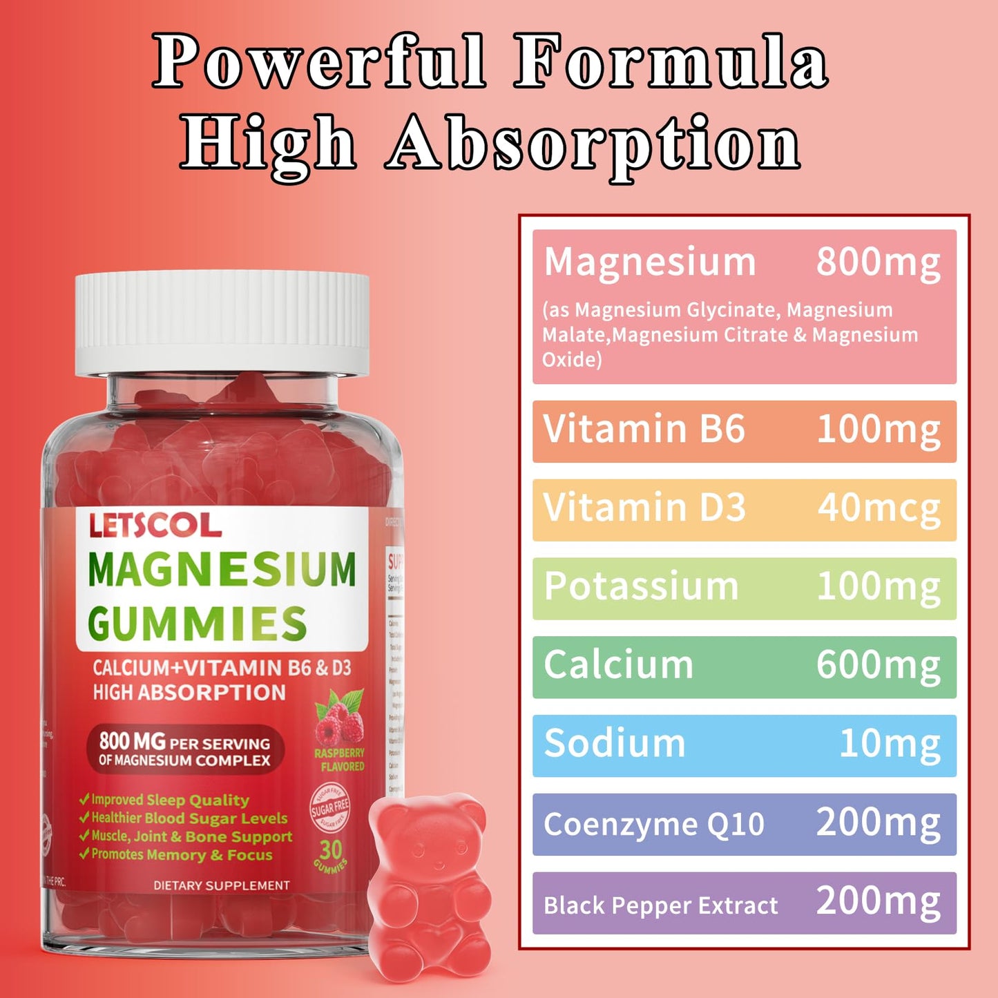 LETSCOL Magnesium Glycinate Gummies 800mg – Sugar Free, Sleep & Calm Support (Adults & Kids)
