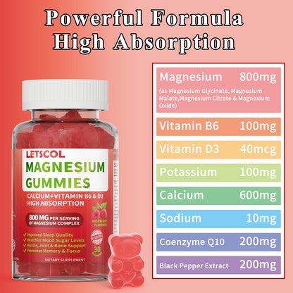 LETSCOL Magnesium Glycinate Gummies 800mg – Sugar Free, Sleep & Calm Support (Adults & Kids)