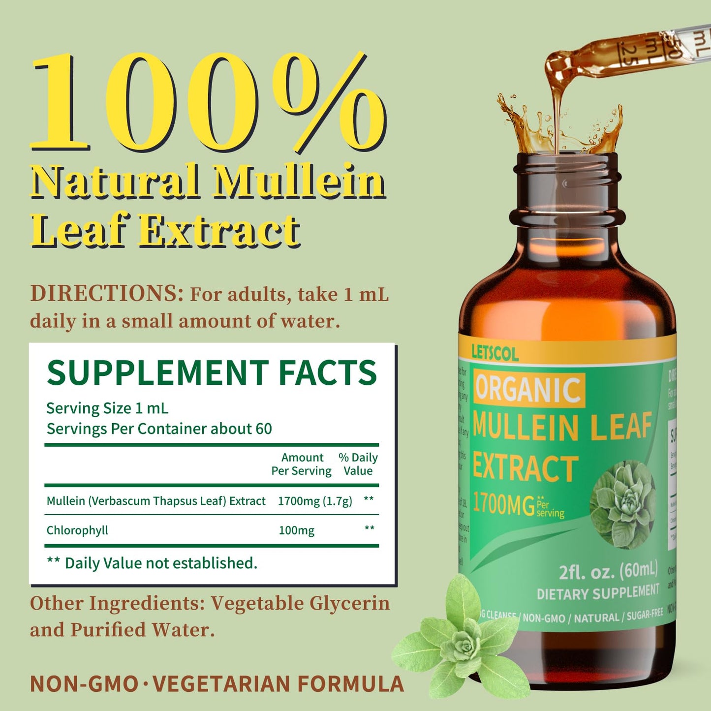LETSCOL Organic Mullein Drops – 1700mg Mullein Leaf Extract, Non-GMO & Vegan, 2 oz