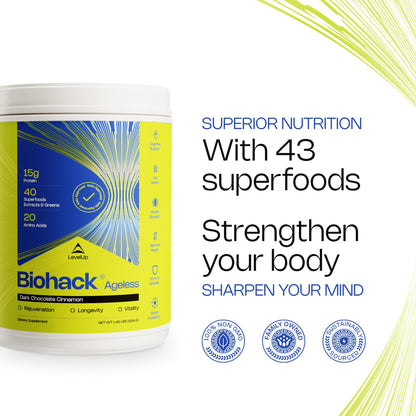 LevelUp Biohack Ageless: Colostrum Collagen Superfoods Antioxidants Spermidine Amino Acids Creatine for Women and Men, Total Body Rejuvenation (Dark Chocolate Cinnamon)