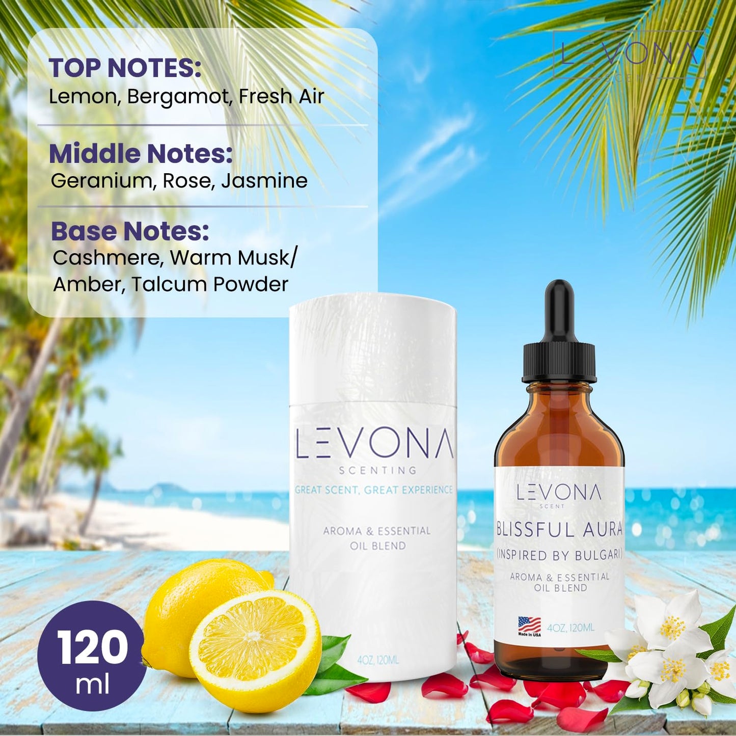 Levona Blissful Aura Essential Oil for Diffuser – Amber, Musk & Jasmine (120 ml)