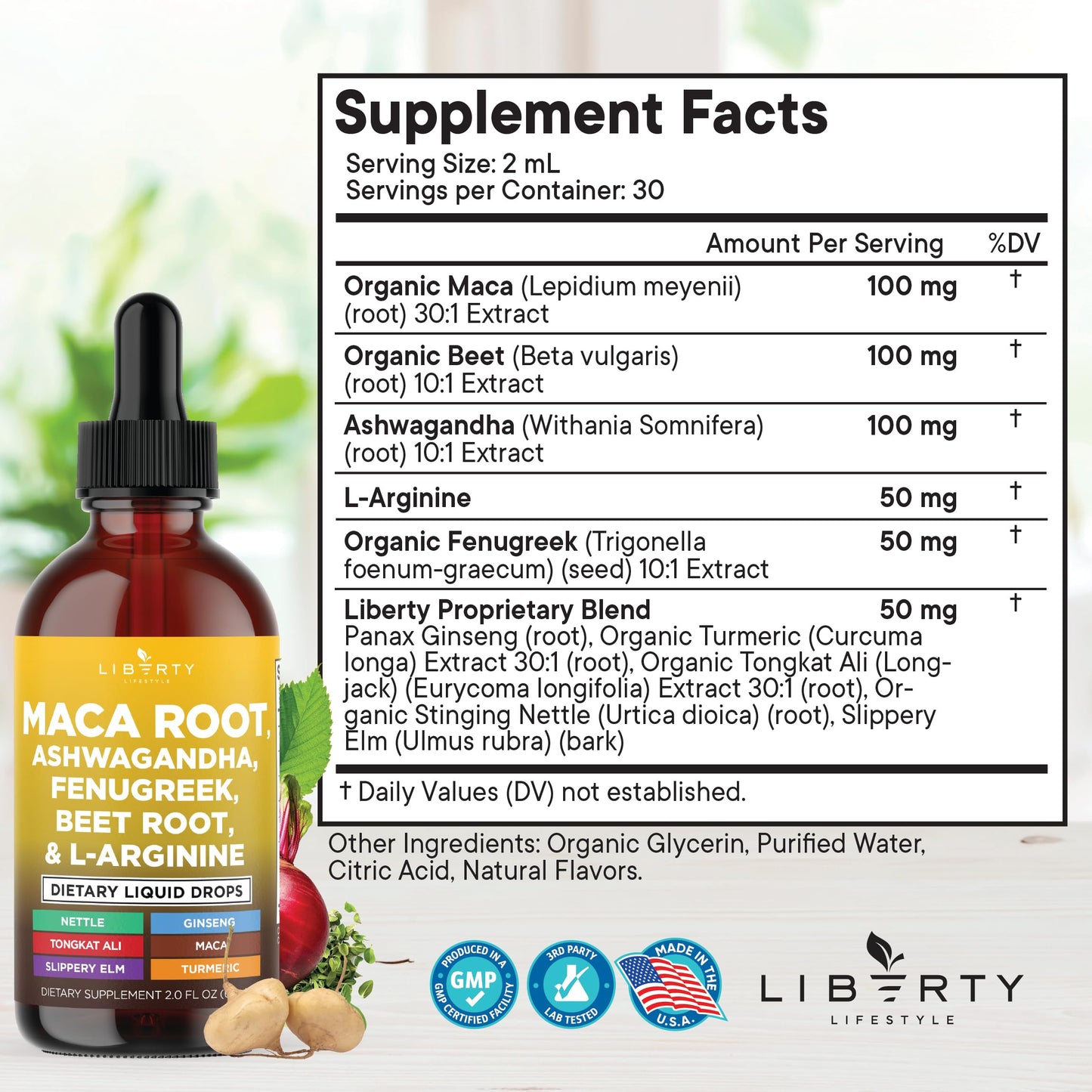 Liberty Lifestyle Organic Maca Root Liquid Drops with Ashwagandha, Nettle, Beet Root & L-Arginine – 6oz