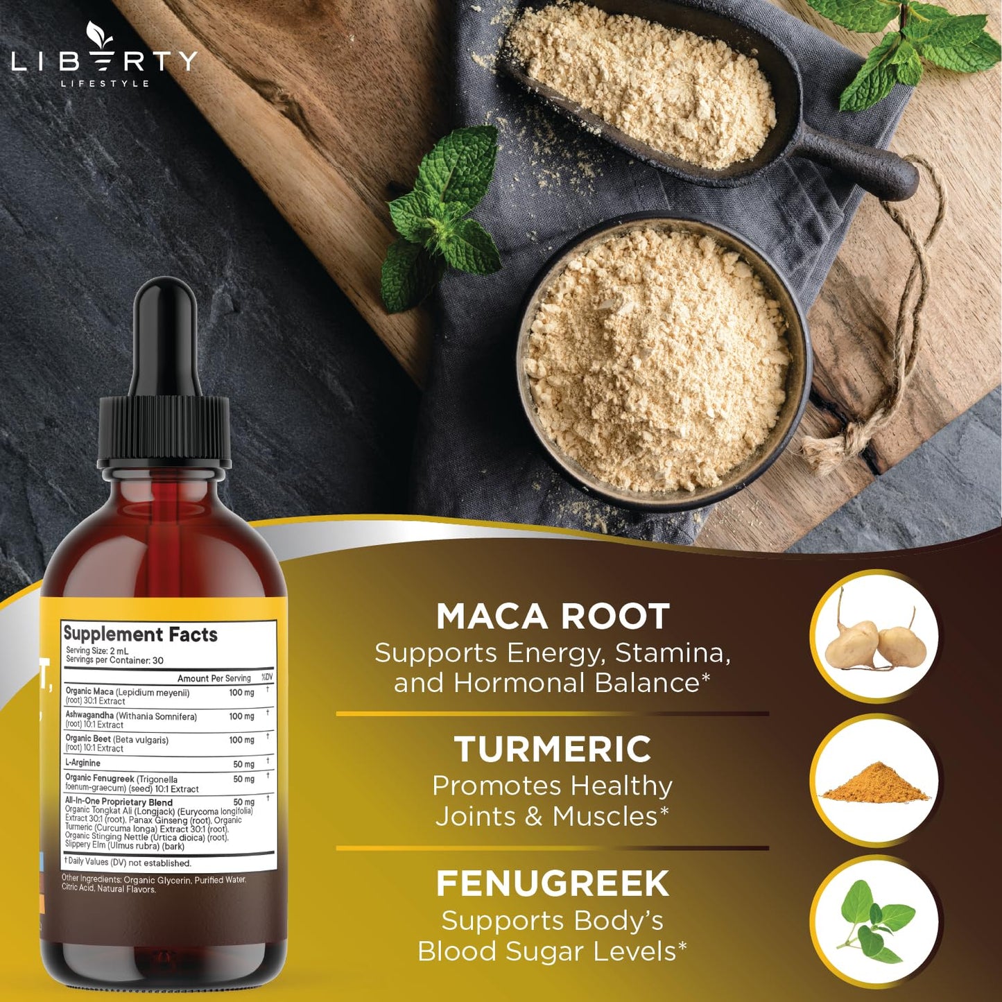 Liberty Lifestyle Organic Maca Root Liquid Drops – 4oz (Ashwagandha, Nettle, L-Arginine)
