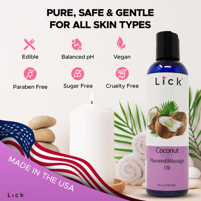 Lick Coconut Massage Oil – Romantic, Body Safe, Non-Greasy 4 oz