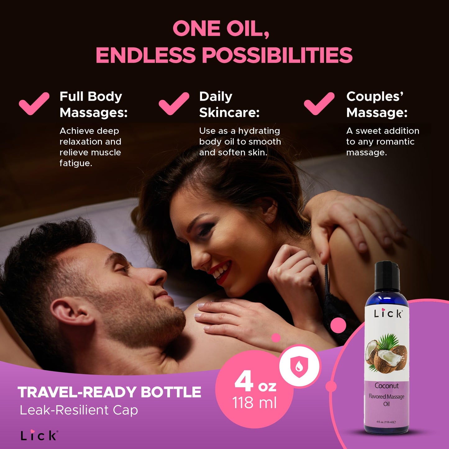 Lick Coconut Massage Oil – Romantic, Body Safe, Non-Greasy 4 oz