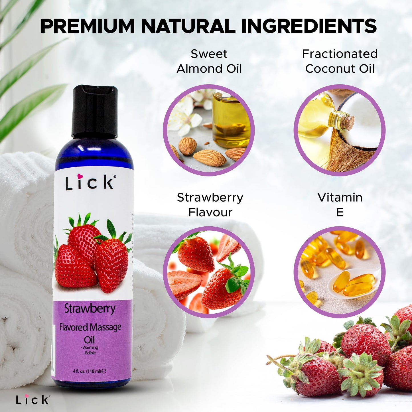 Lick Strawberry Massage Oil with Natural Vitamin E - Aromatherapy & Moisturizing 4 oz
