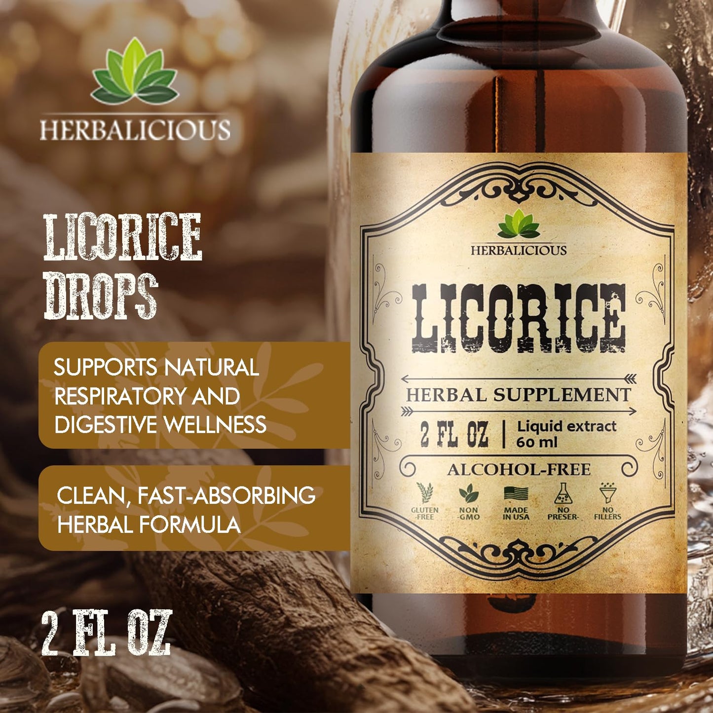 HERBALICIOUS Licorice Root Extract – Organic Liquid Herbal Extract, 2 oz | Vegan, Non-GMO, Gluten-Free