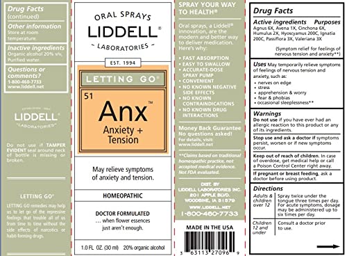 Liddell Letting Go - Homeopathic Oral Spray for Anxiousness, Stress & Restlessness | Natural Calm Spray 1.0 fl oz
