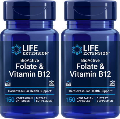 Life Extension BioActive Folate & Vitamin B12 – 150 Vegetarian Capsules (Pack of 2) | Non-GMO, Gluten Free