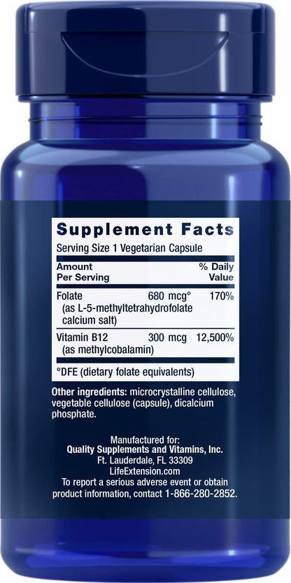 Life Extension BioActive Folate & Vitamin B12 – 150 Vegetarian Capsules (Pack of 2) | Non-GMO, Gluten Free