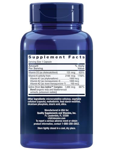 Life Extension Vitamin D3 & K2 with SeaIodine – Bone, Brain & Thyroid Support (Non-GMO, Gluten Free) | 60 Count